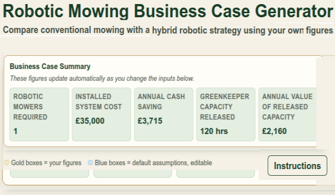 Robotic Mowing Business Case Generator, comparing conventional mowing with a hybrid robotic strategy