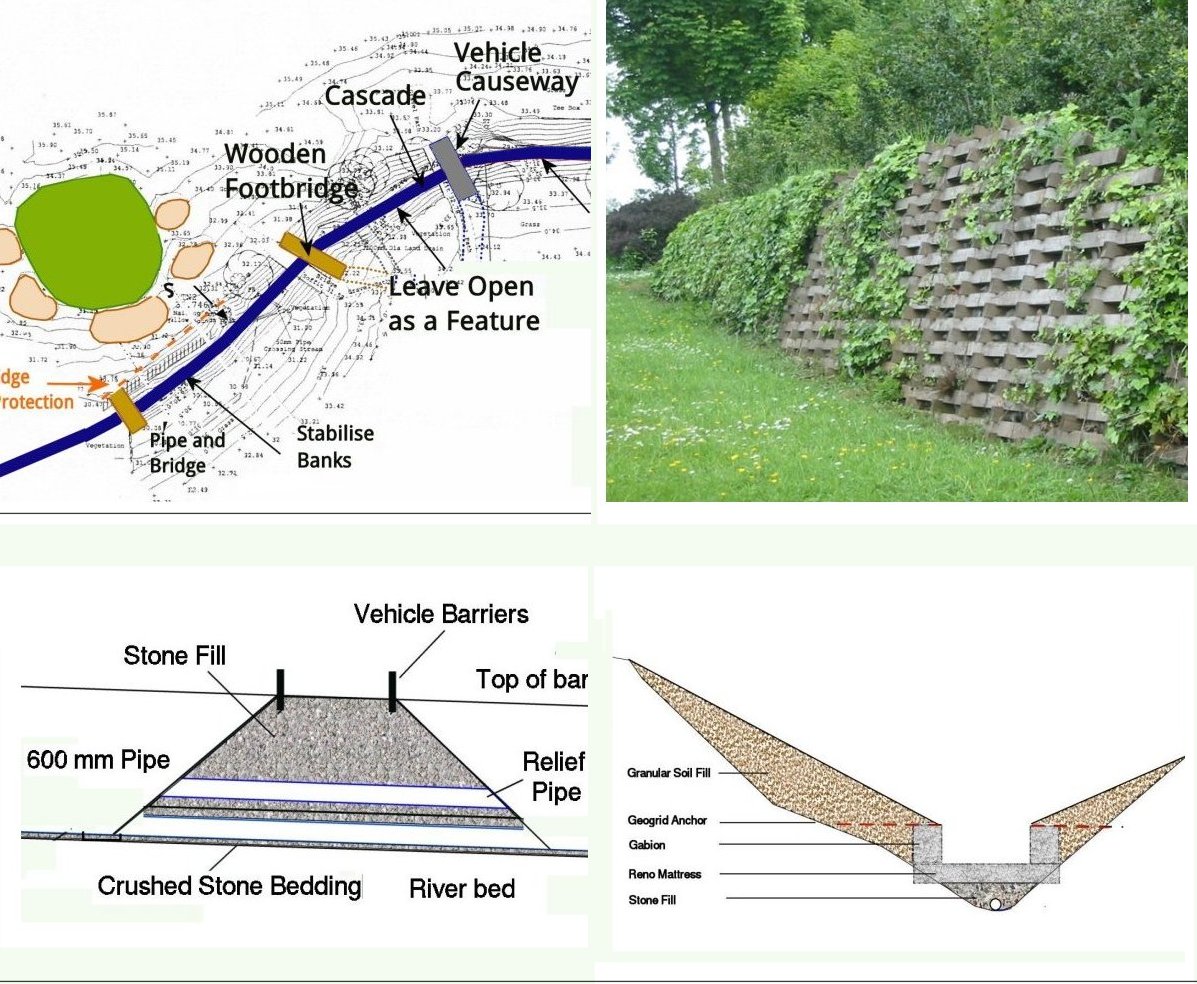 Structural details: footbridge and causeway plan, vehicle-barrier stone fill cross-section, and a vegetated crib retaining wall