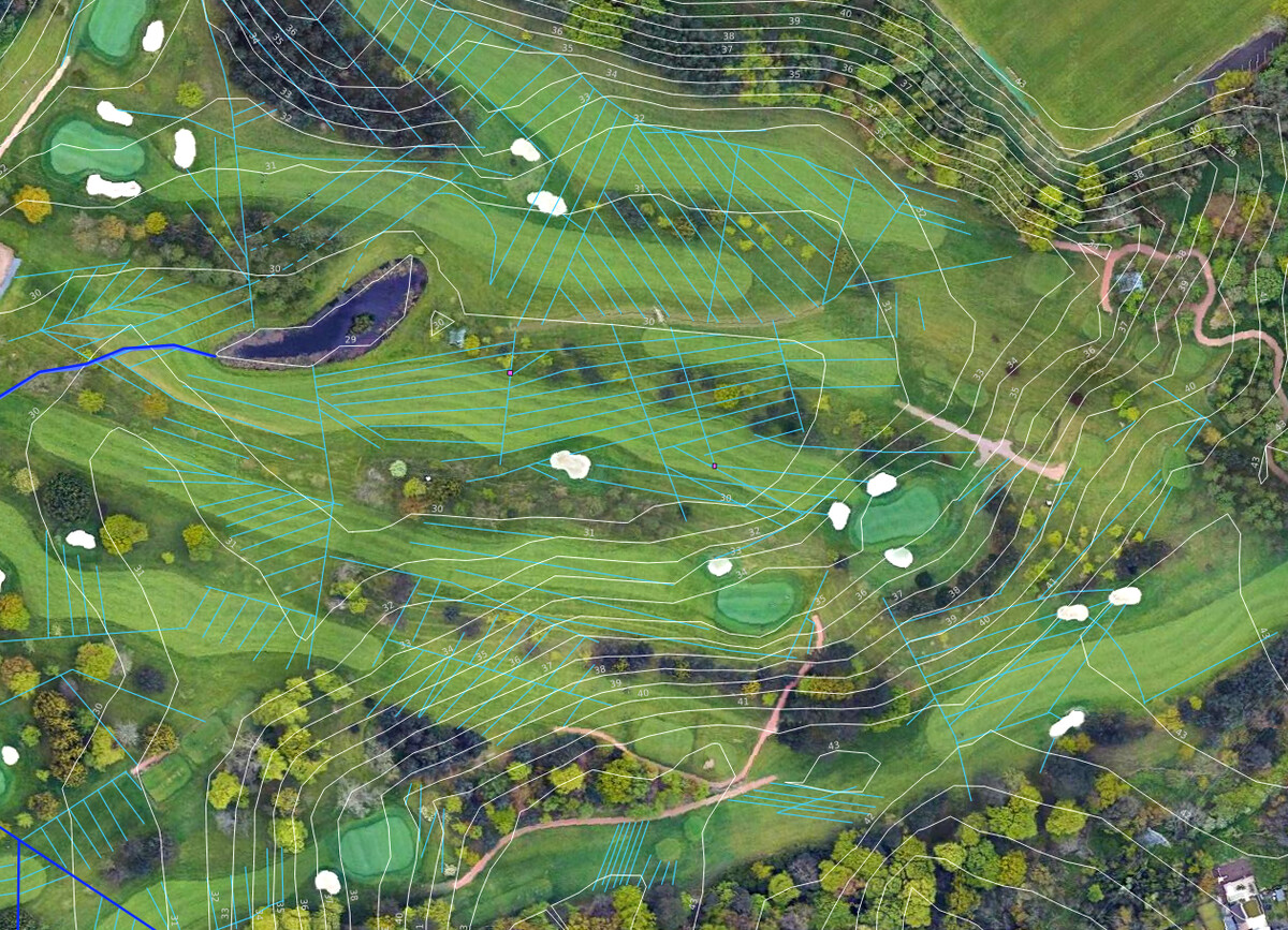 Aerial survey of a golf course with contour lines overlaid