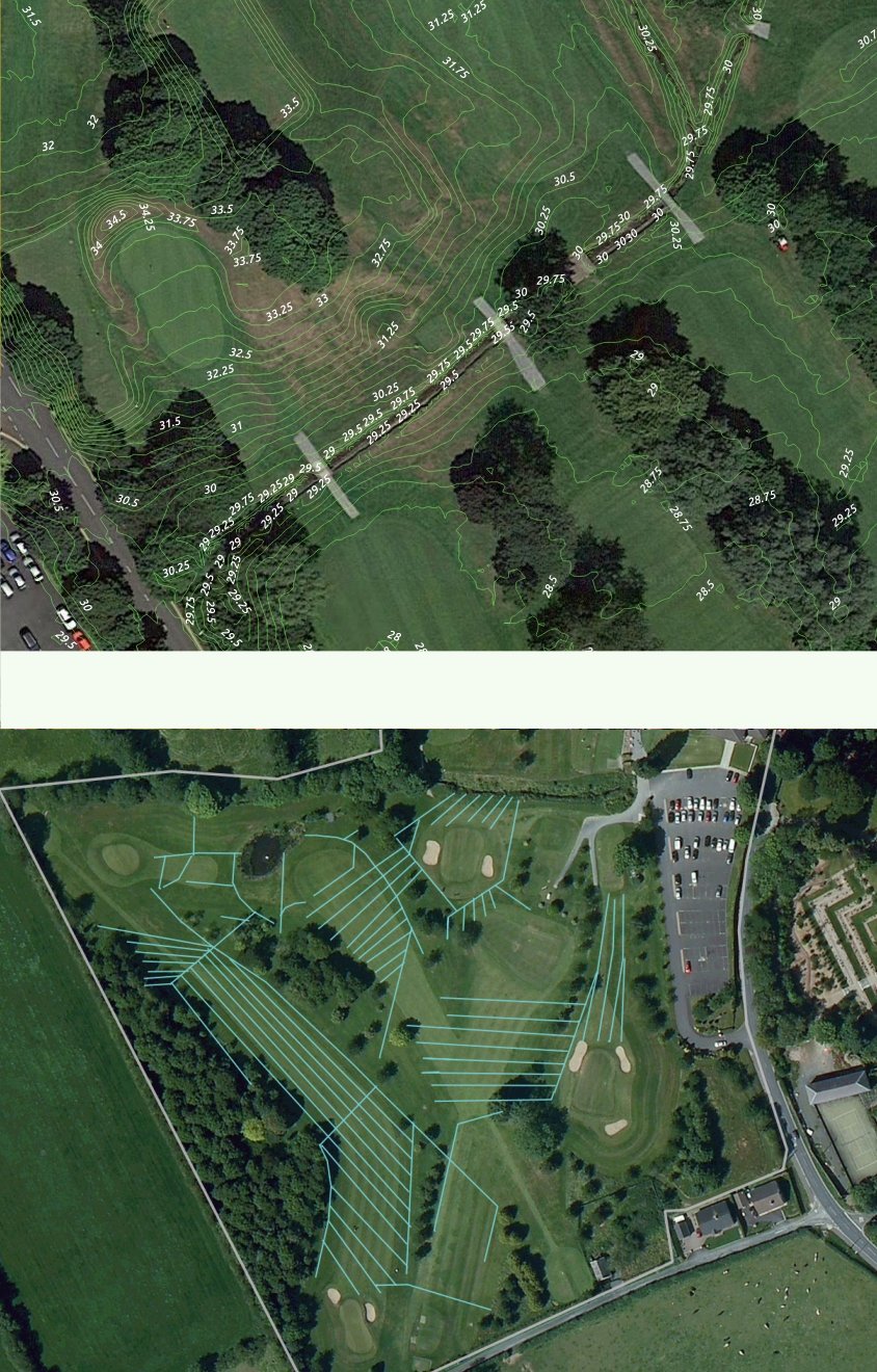 Aerial survey map of a golf course with contour lines and drainage layout overlaid