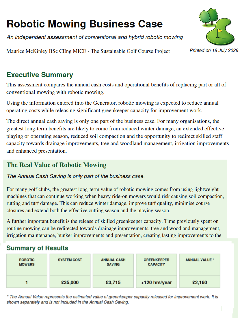 The opening page of a completed Robotic Mowing Business Case document, with an executive summary, an explanation of the real value of robotic mowing, and a summary-of-results table