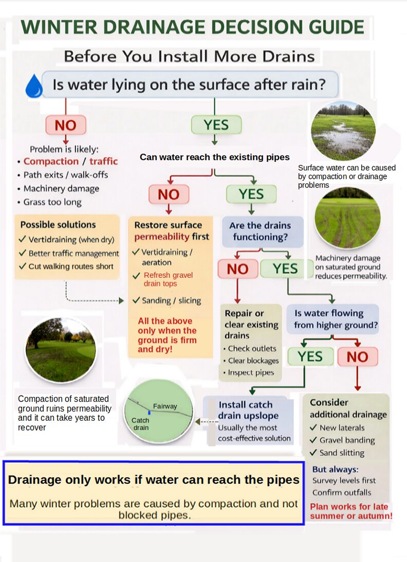 Winter Drainage Decision Guide flowchart: before installing more drains, check whether water is lying on the surface after rain, whether it can reach existing pipes, and whether those pipes are functioning, before deciding between restoring surface permeability, repairing existing drains, or installing new drainage