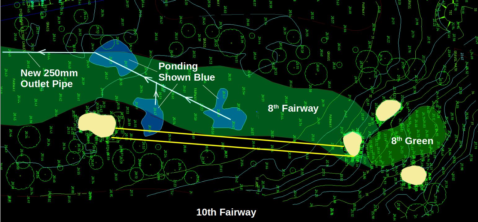 A contour survey plan of an 8th fairway and green showing ponding areas shaded blue and a proposed new 250mm outlet pipe