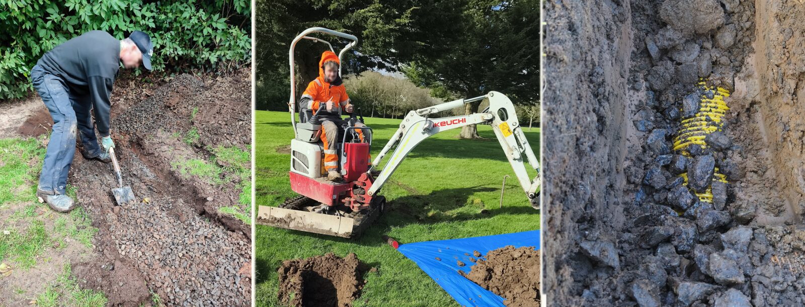 Three photos: a greenkeeper digging by hand to expose a gravel drain trench, a mini excavator opening a trench on a fairway, and a close-up of a gravel drain backfill with a yellow perforated pipe