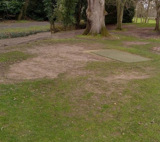 A worn, muddy temporary winter tee area beside a large tree, with a portable mat laid over part of the bare ground