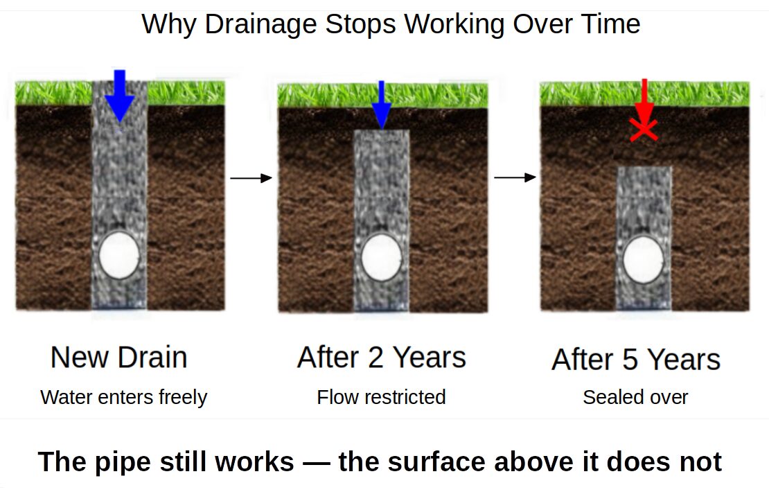 Diagram of a gravel drain cross-section in three stages: a new drain where water enters freely, after 2 years where flow is restricted, and after 5 years where the surface is sealed over - captioned “The pipe still works, the surface above it does not”