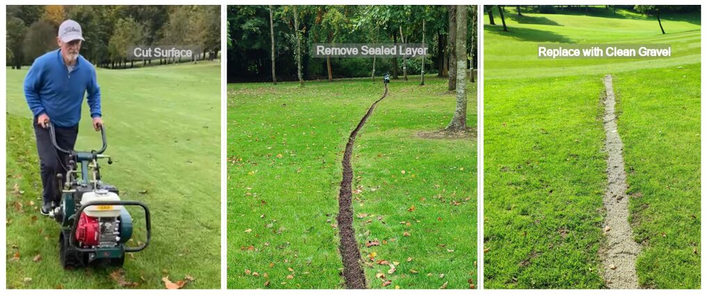 Three photos in sequence: a greenkeeper using a turf cutter to cut the surface along a drain line, the resulting open trench with the sealed layer removed, and the finished drain line topped with clean gravel