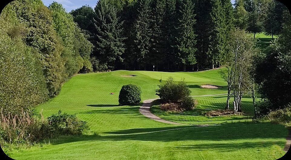 A scenic view down a green surrounded by trees with a winding path in the foreground