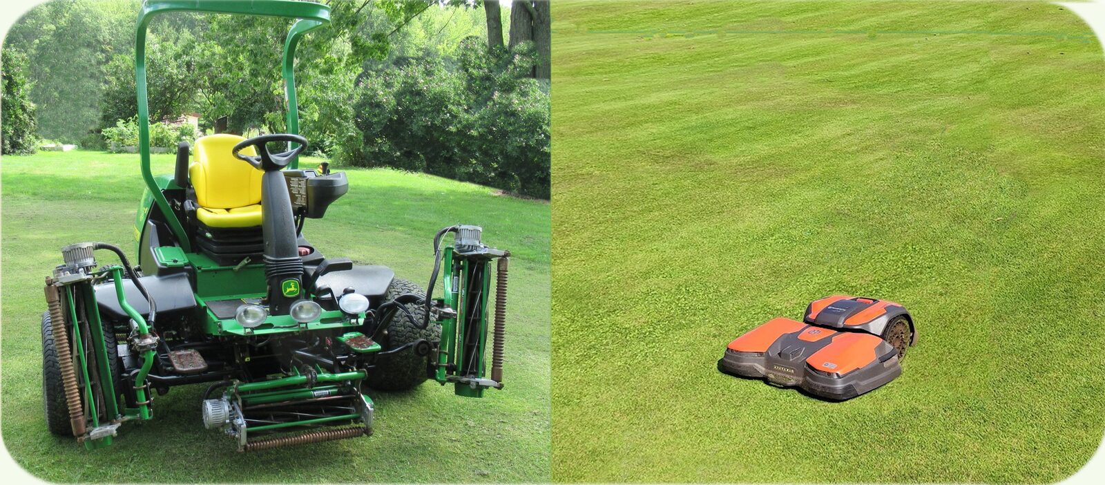Split comparison: a heavy conventional ride-on fairway mower on the left, and a small orange robotic mower on the right
