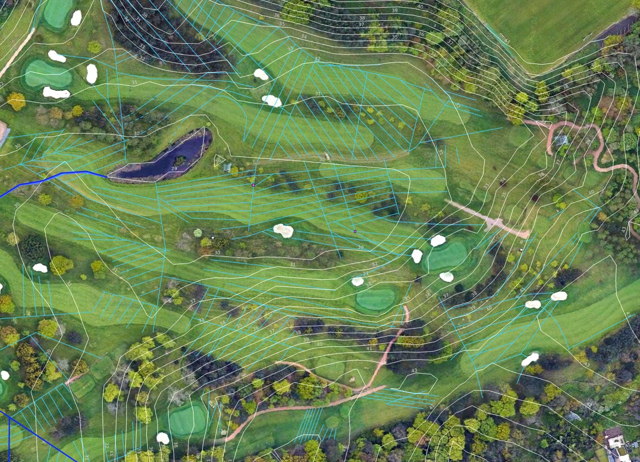 A course asset map overlaid with drainage runs, ground contours, and tree positions - the kind of record that is rare at most clubs, and invaluable when it exists