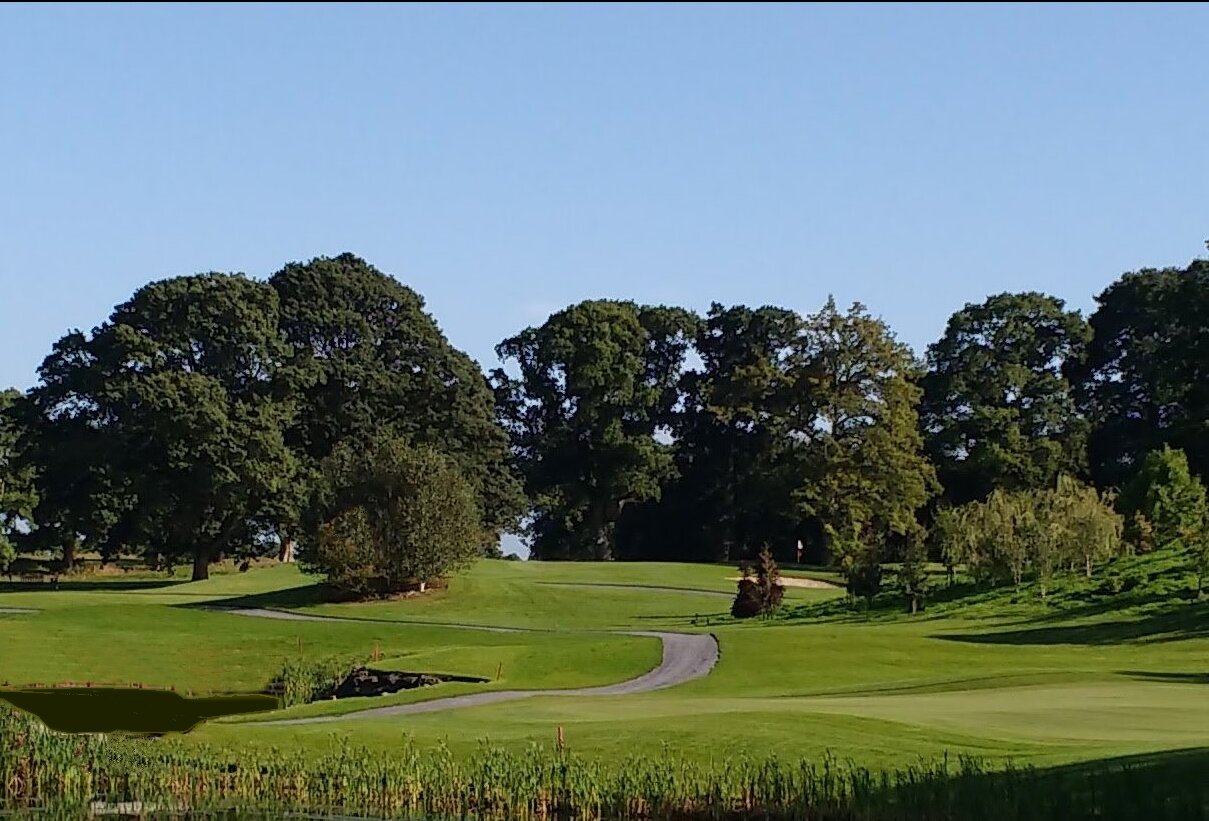 A tree-lined fairway curving down to a green beside a pond, in warm evening light