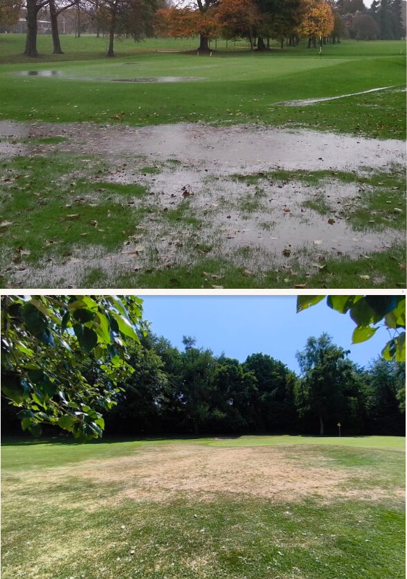 The same green pictured twice: waterlogged and puddled after autumn rain, then parched and drought-stressed the following summer