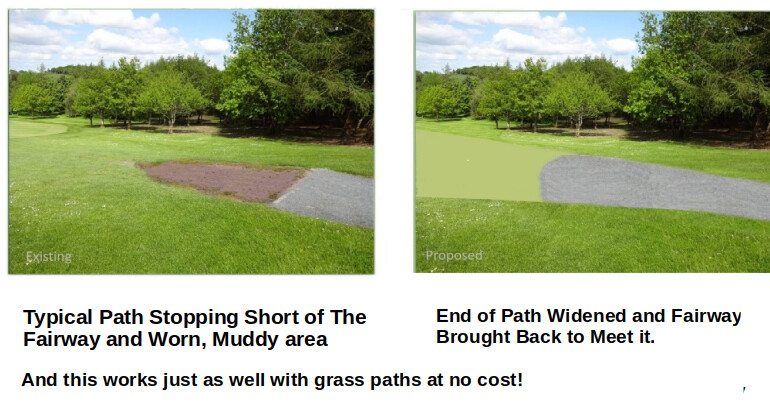 A path stopping short of the fairway compared with the same path widened to meet it